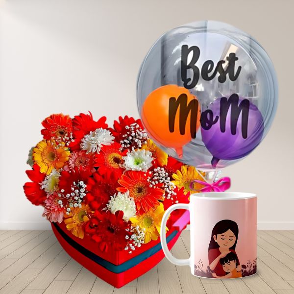 Mother's Joy ( Blooming Floral Box, Best Mom Print Bobo Ballon and Mug ) - Flowers to Nepal - FTN