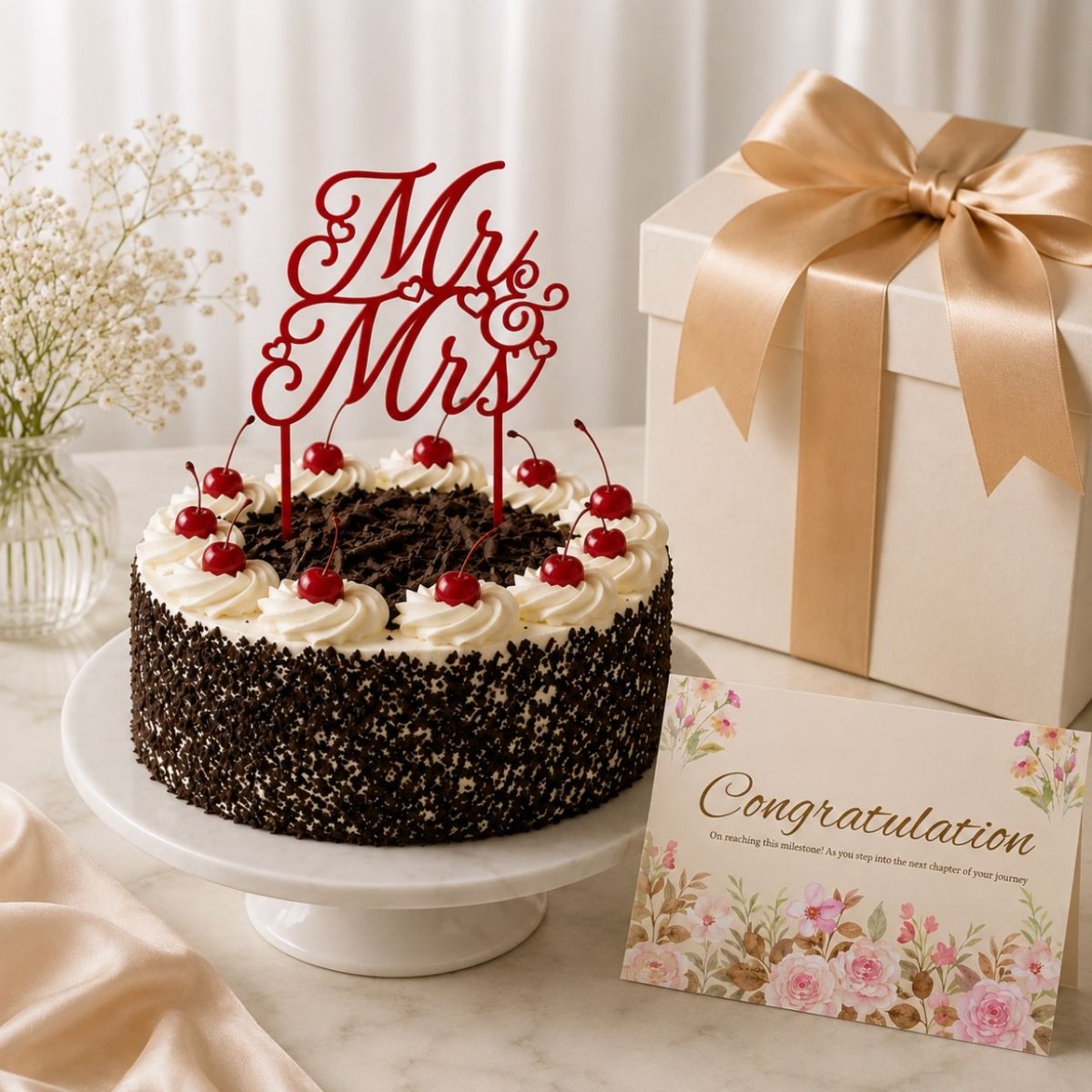 Mr & Mrs Black Forest Celebration Cake - Flowers to Nepal - FTN