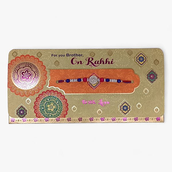 Multicolor Pearl & Bead Rakhi In Greeting Card and Roli - Chawal Pack - Flowers to Nepal - FTN