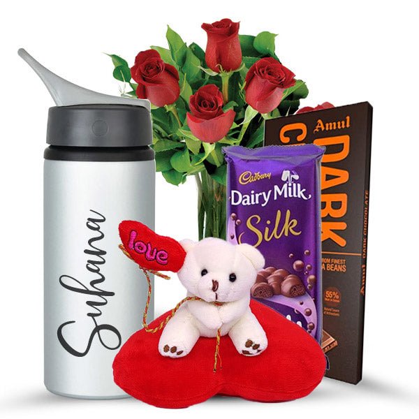 Name Print Tumbler with Teddy, Chocolate & Roses - Flowers to Nepal - FTN