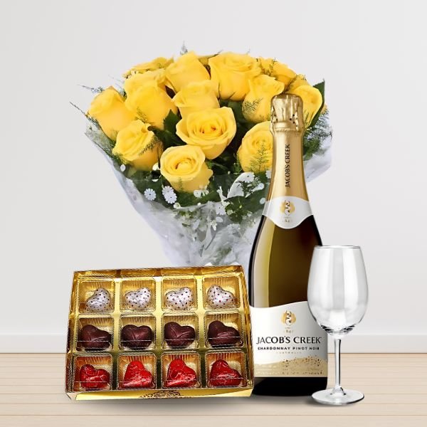 New Year Beverage combo ( yellow bunch, chocolate box, wine and glass ) - Flowers to Nepal - FTN