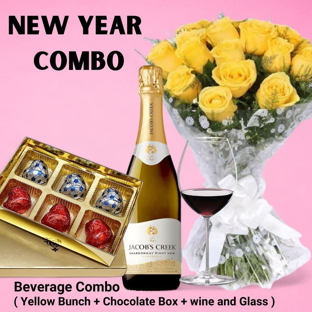 New Year Beverage combo ( yellow bunch, chocolate box, wine and glass ) - Flowers to Nepal - FTN