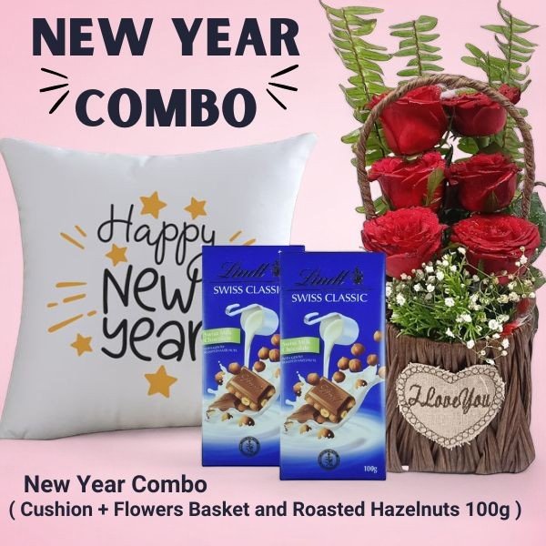 New Year Combo ( Cushion, Flowers Basket and Roasted Hazelnuts 100g) - Flowers to Nepal - FTN