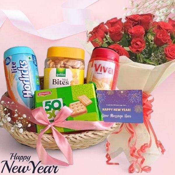 New Year Combo ( Snacks Basket + 20 Roses Bouquet ) - Flowers to Nepal - FTN