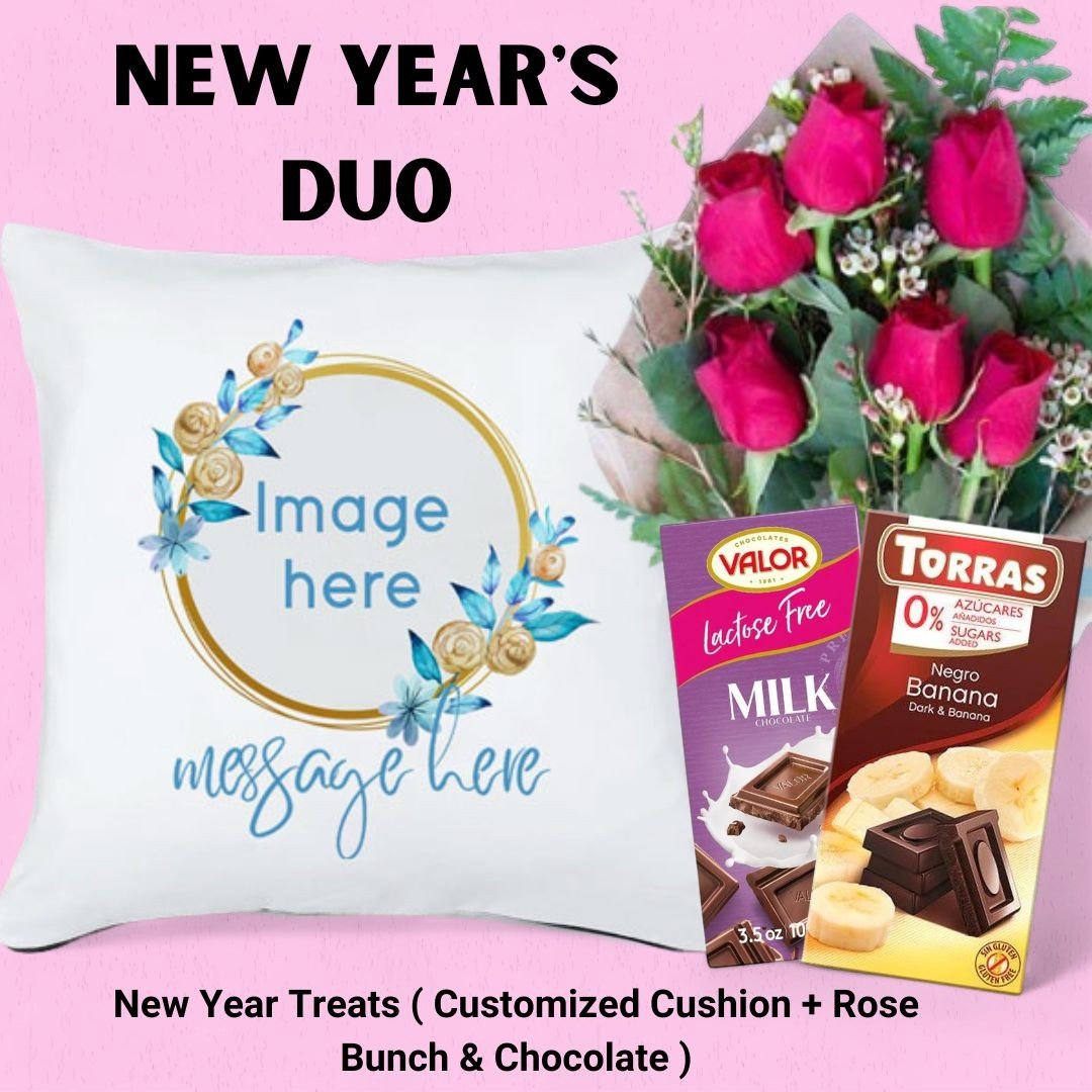 New Year Duo ( Customized Cushion, Rose bunch and Chocolates ) - Flowers to Nepal - FTN