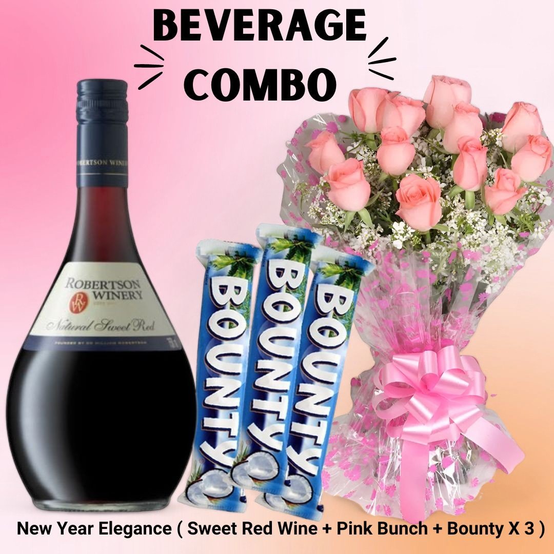 New Year Elegance ( Sweet Red Wine, Pink Bunch and Bounty X 3 ) - Flowers to Nepal - FTN