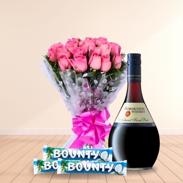 New Year Elegance ( Sweet Red Wine, Pink Bunch and Bounty X 3 ) - Flowers to Nepal - FTN