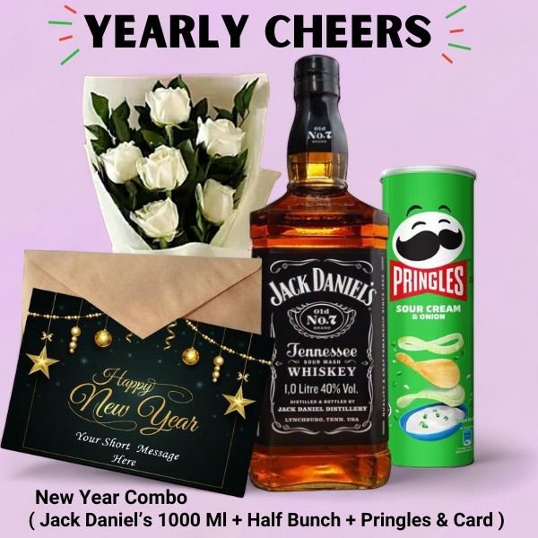 New Yearly Cheers ( Jack Daniel's 1000 Ml, Half Bunch, Pringles & Card ) - Flowers to Nepal - FTN