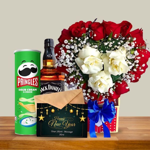 New Yearly Cheers ( Jack Daniel's 1000 ml, Red & White rose & Pringles & Card ) - Flowers to Nepal - FTN