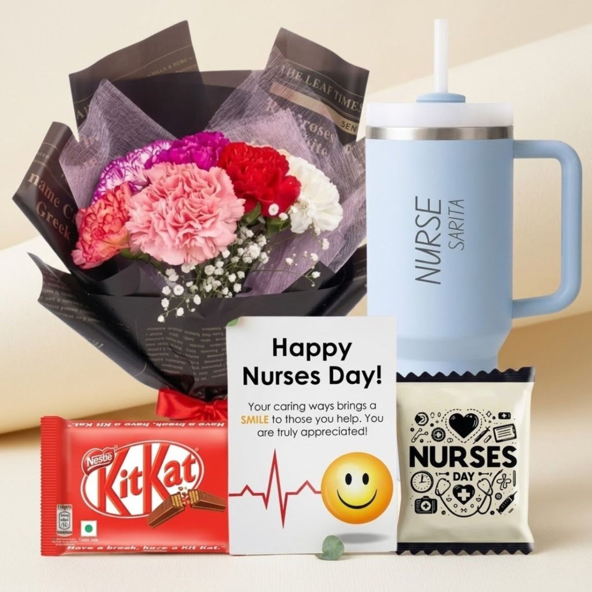Nurse Day Gift Set with Carnations, Tumbler & Chocolates - Flowers to Nepal - FTN