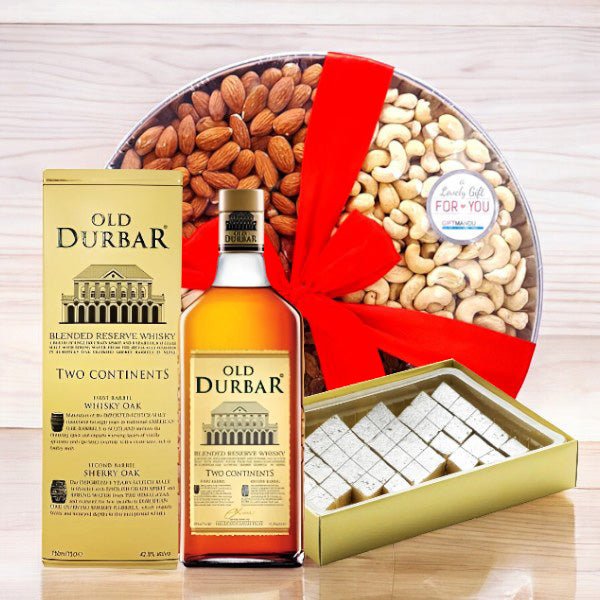 Old Durbar Whisky with Dry Nuts & Mithai Gift Box - Flowers to Nepal - FTN