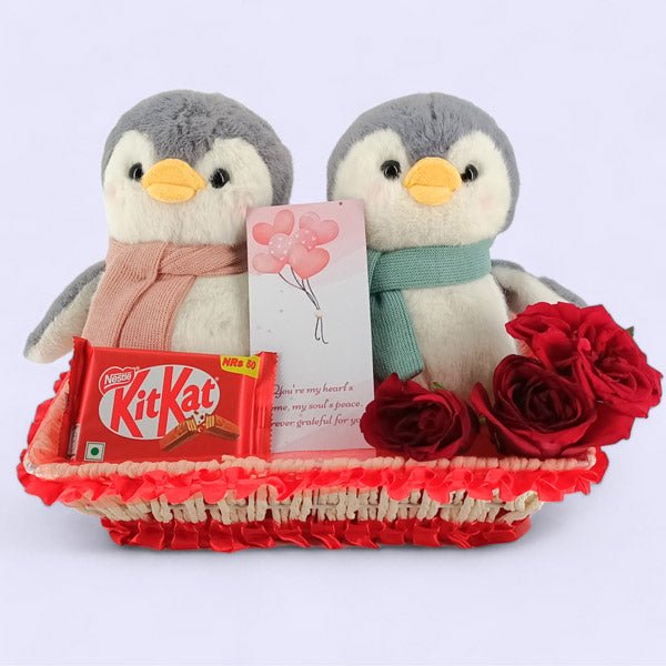 Pair Penguins with Basket of Love - Flowers to Nepal - FTN