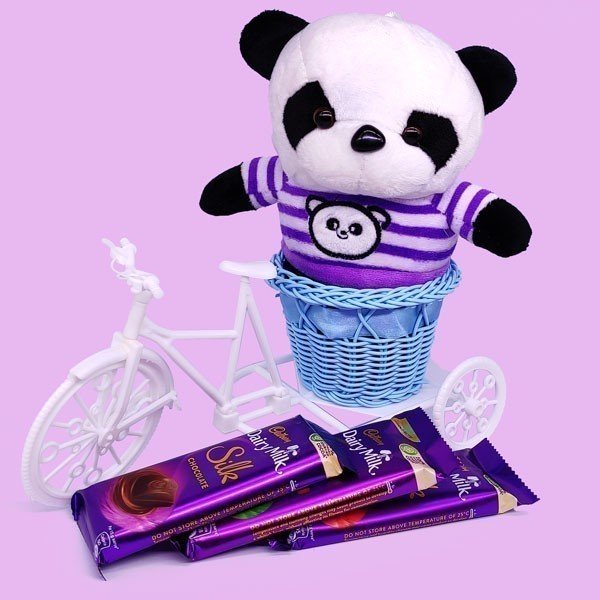 Panda Toy with Dairy Milk Silk on Rickshaw - Flowers to Nepal - FTN