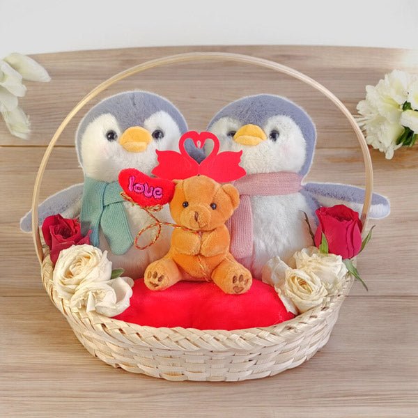 Penguin Snuggles & Roses Basket - Flowers to Nepal - FTN