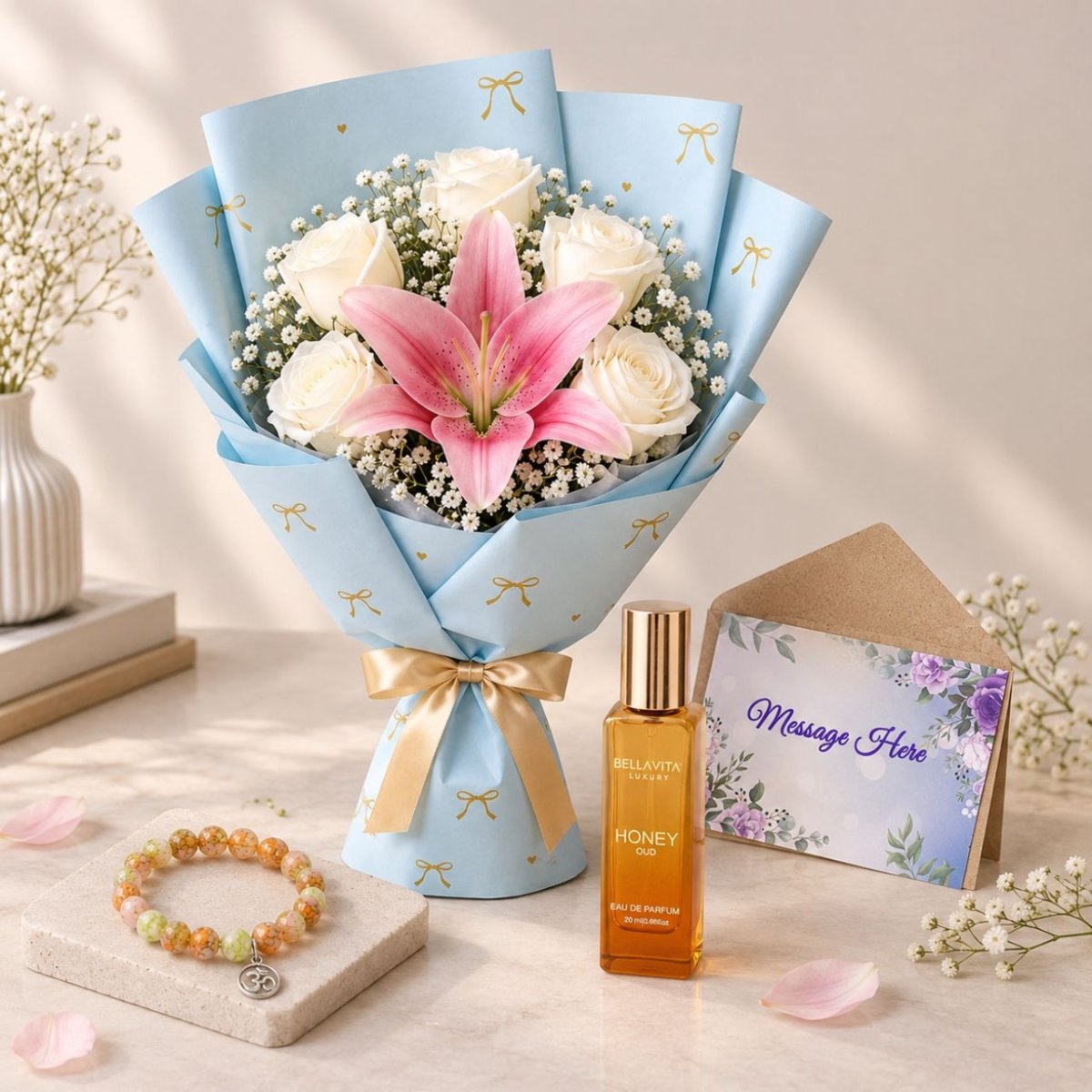 Perfume, Om Bracelet & Elegant Flower Gift Set - Flowers to Nepal - FTN