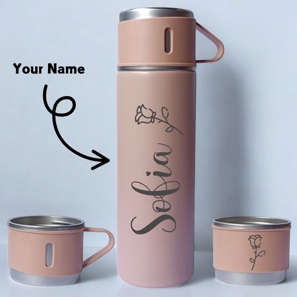 Personalised Insulated Thermos 500ml with Mug set - Light Pink - Flowers to Nepal - FTN