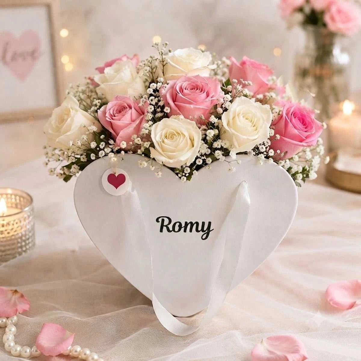 Personalized Acrylic Heart Pink & White Rose Basket - Flowers to Nepal - FTN