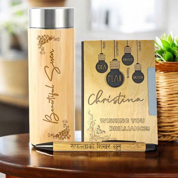 Personalized Bamboo Bottle and Notebook Set with Pen – Gift for Sister - Flowers to Nepal - FTN