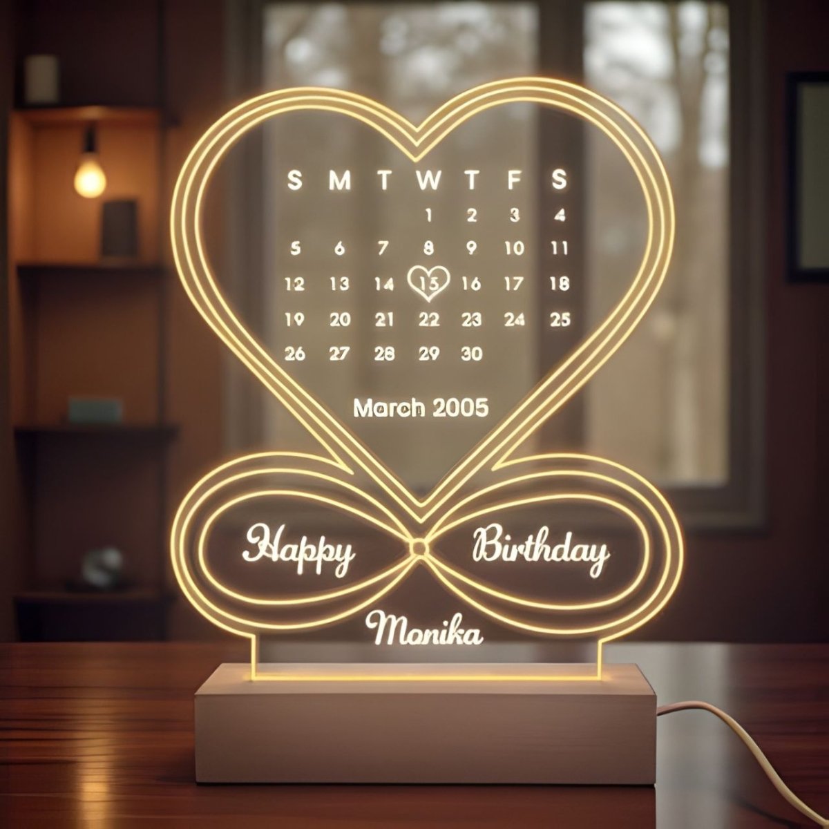 Personalized Birthdate & Name Special Engraved Acrylic Lamp With Cable - Flowers to Nepal - FTN
