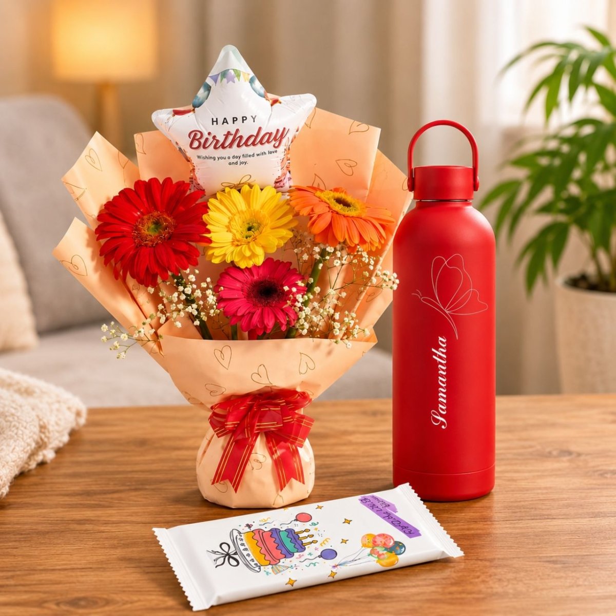 Personalized Birthday Flowers, Bottle & Chocolate Gift Set - Flowers to Nepal - FTN