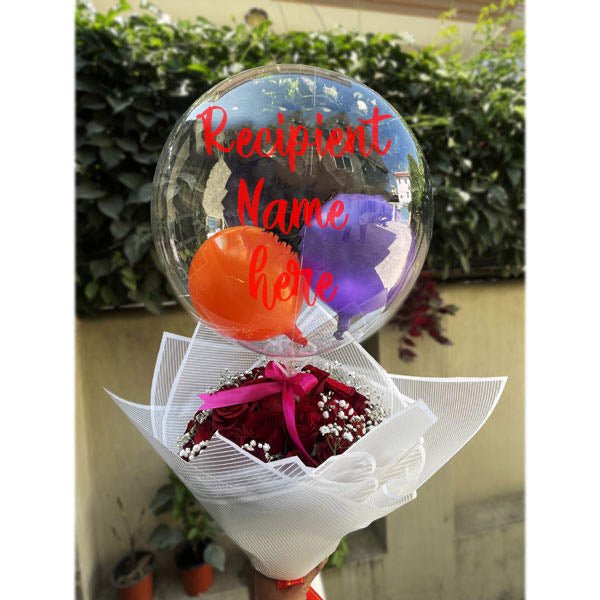 Personalized Bobo Balloon & Dozen Roses Bouquet - Flowers to Nepal - FTN