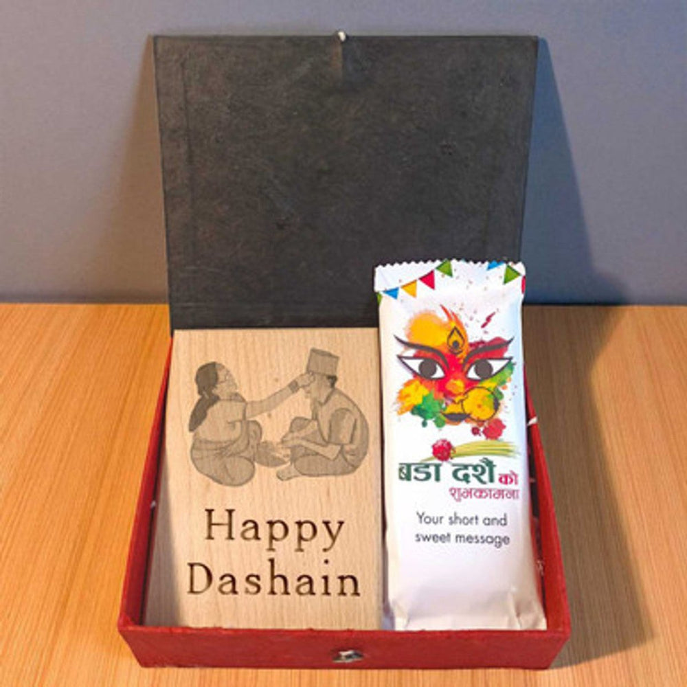 Personalized Dashain Gift Hamper with Chocolate & Plaque Board - Flowers to Nepal - FTN