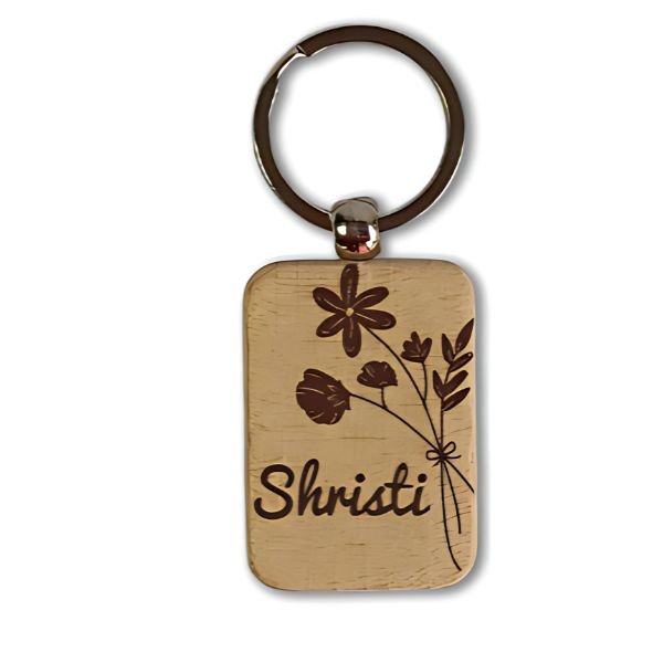 Personalized Floral Engraved Wood Keyring with Name - Flowers to Nepal - FTN