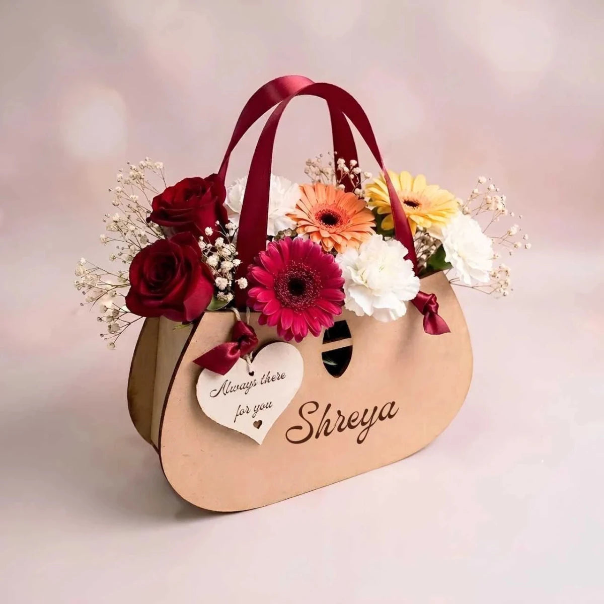 Personalized Fresh Flower Wooden Basket - Flowers to Nepal - FTN