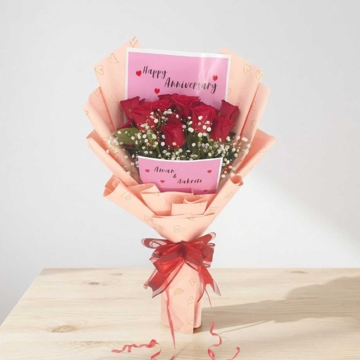 Personalized Happy Anniversary 12 Red Roses Bouquet - Flowers to Nepal - FTN