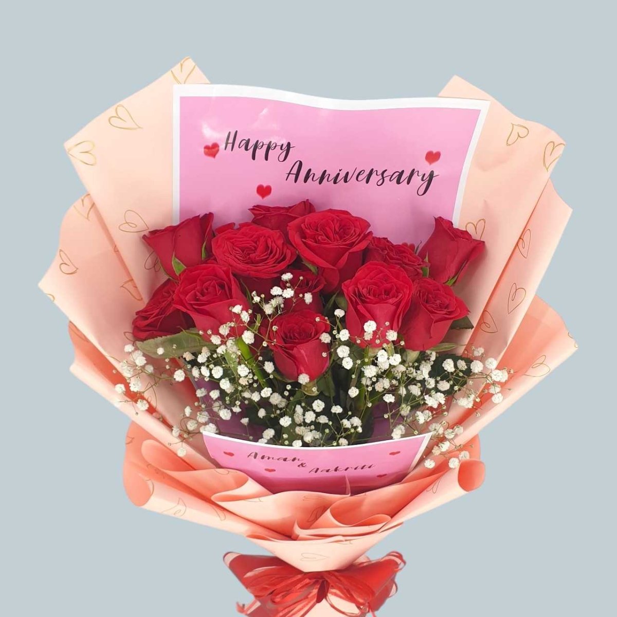 Personalized Happy Anniversary 12 Red Roses Bouquet - Flowers to Nepal - FTN