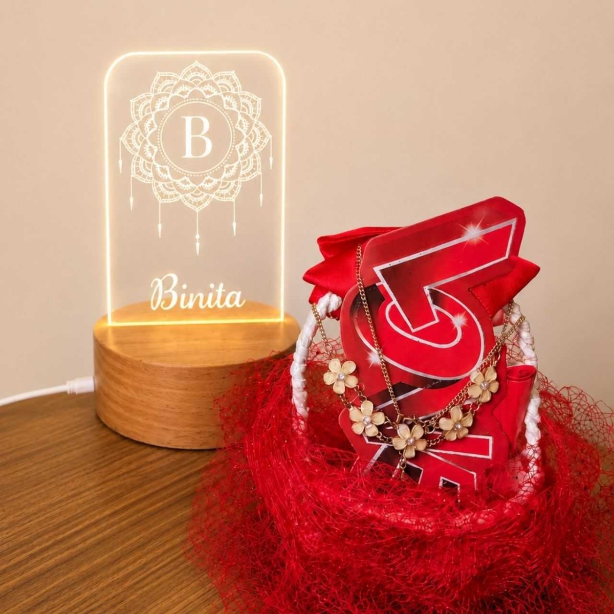 Personalized Mandala Lamp & Decorative Basket Gift Set - Flowers to Nepal - FTN