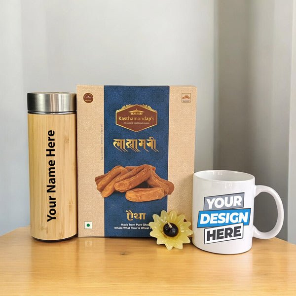 Personalized Mug, Bottle with Lakhamari Sweets - Flowers to Nepal - FTN