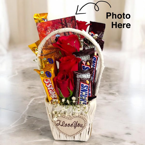 Personalized Photo Gift Basket with Chocolates & Roses - Flowers to Nepal - FTN