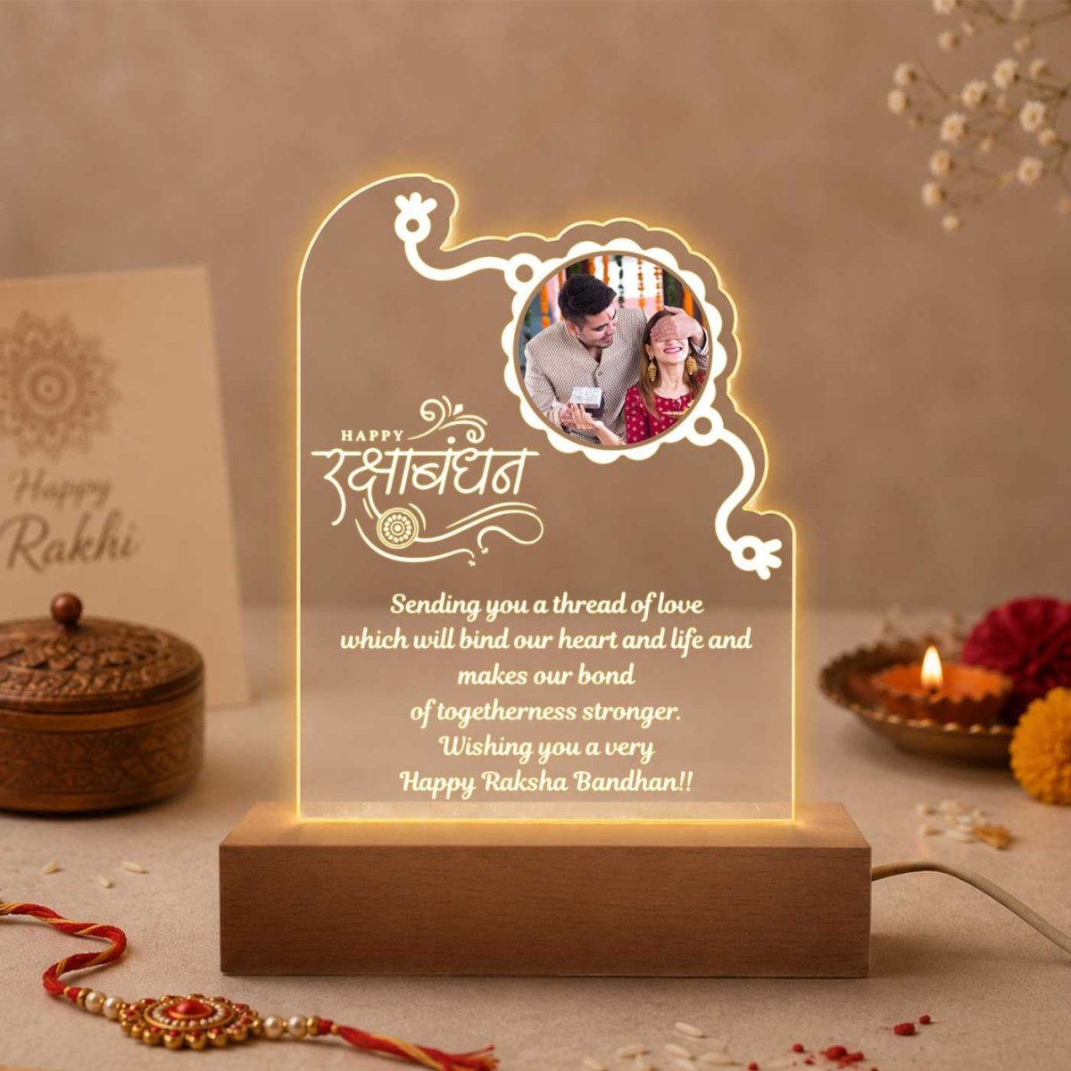 Personalized Raksha Bandhan LED Acrylic Photo Lamp - Flowers to Nepal - FTN