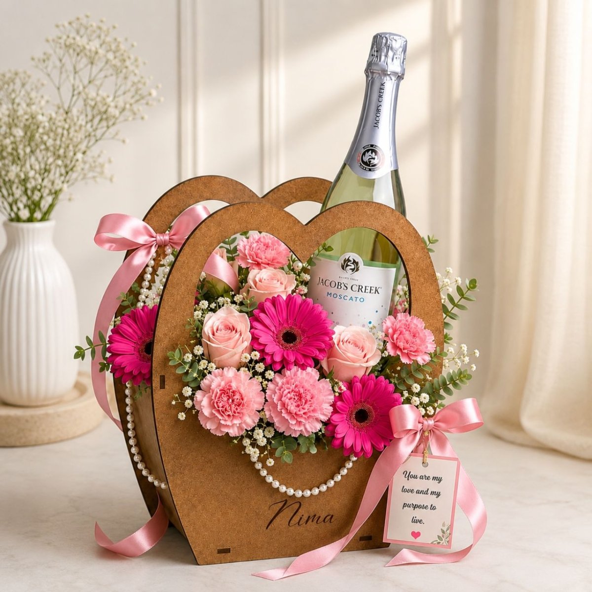 Personalized Roses & Sparkling Wine Heart Basket - Flowers to Nepal - FTN