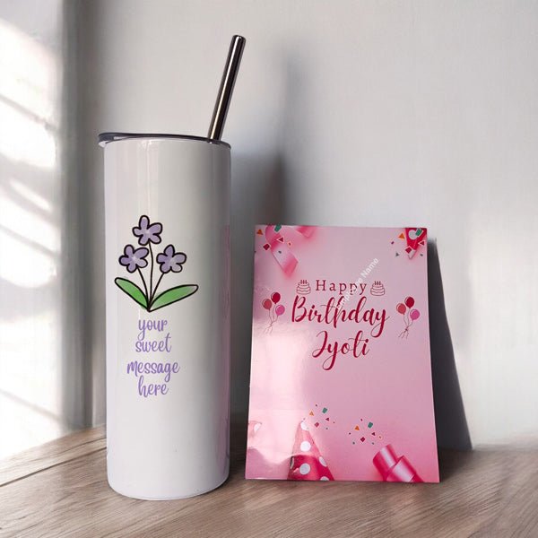 Personalized Stainless Steel Bottle & Birthday Card - Flowers to Nepal - FTN