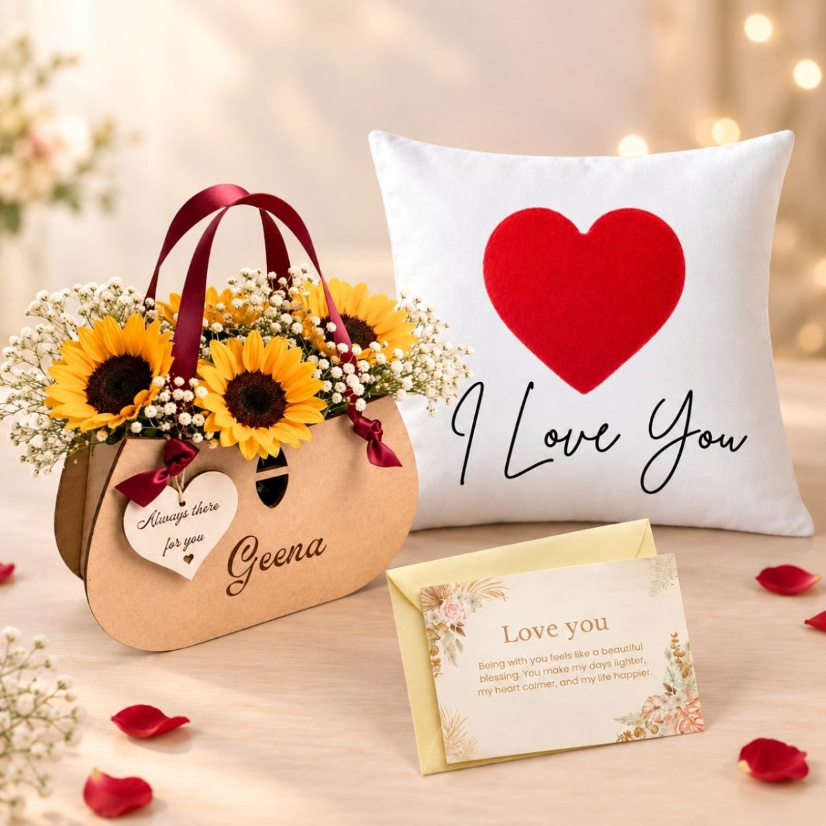 Personalized Sunflower Basket with Love Cushion & Card - Flowers to Nepal - FTN