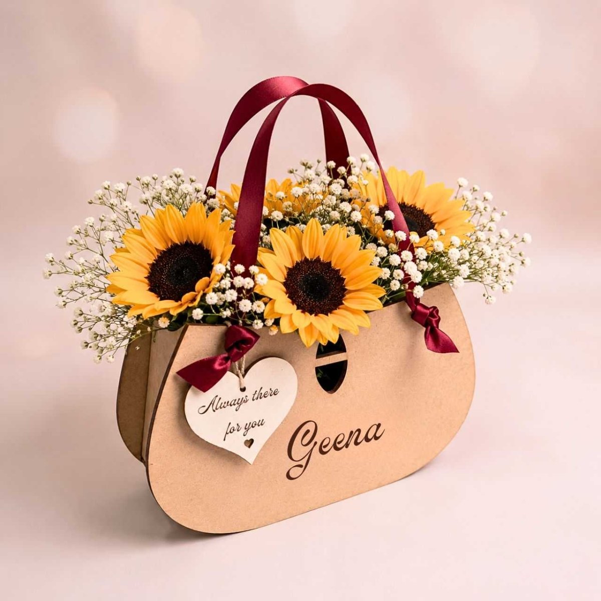 Personalized Sunflower Wooden Basket with Custom Name - Flowers to Nepal - FTN