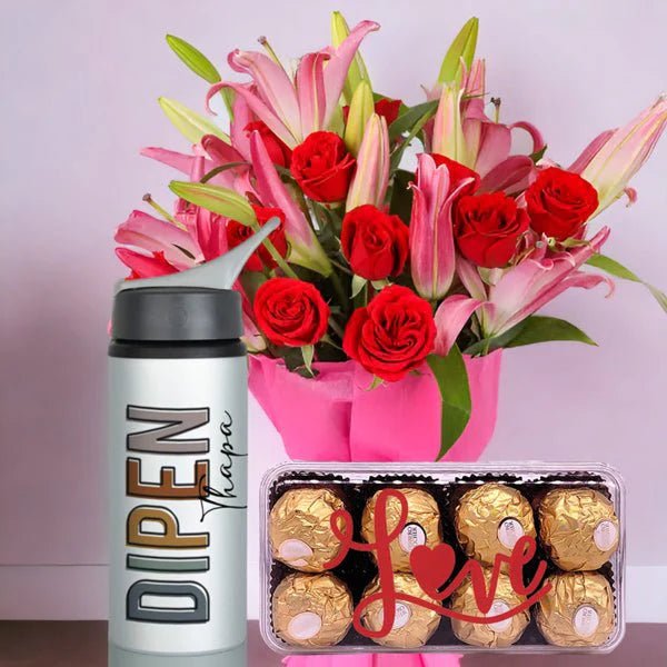 Personalized Tumbler With Ferrero Chocolate & Flower Bunch - Flowers to Nepal - FTN