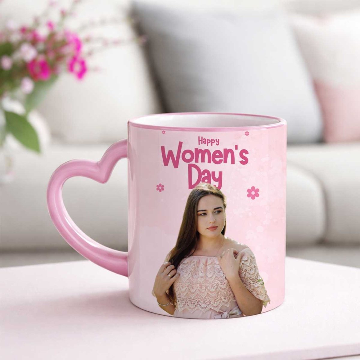Personalized Women’s Day Photo Mug – Pink Heart - Flowers to Nepal - FTN