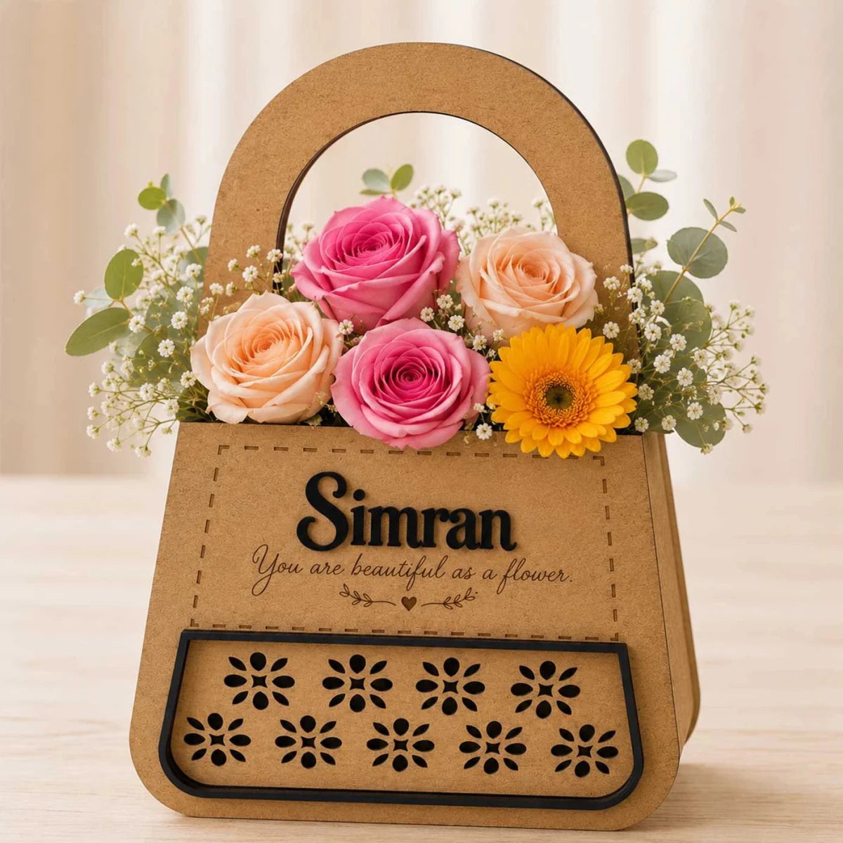 Personalized Wooden Bag with Rose & Gerbera - Flowers to Nepal - FTN