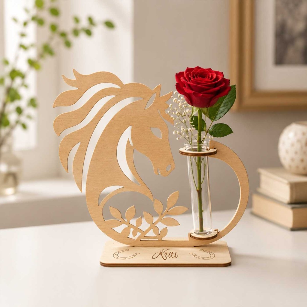 Personalized Wooden Flower Holder with Fresh Rose - Flowers to Nepal - FTN