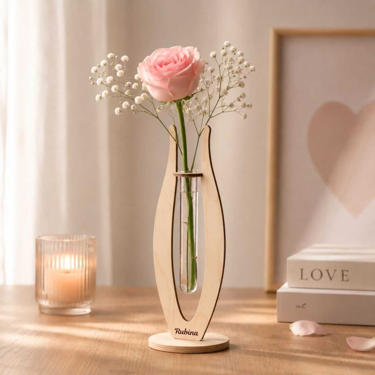 Personalized Wooden Flower Vase with Fresh Pink Rose - Flowers to Nepal - FTN