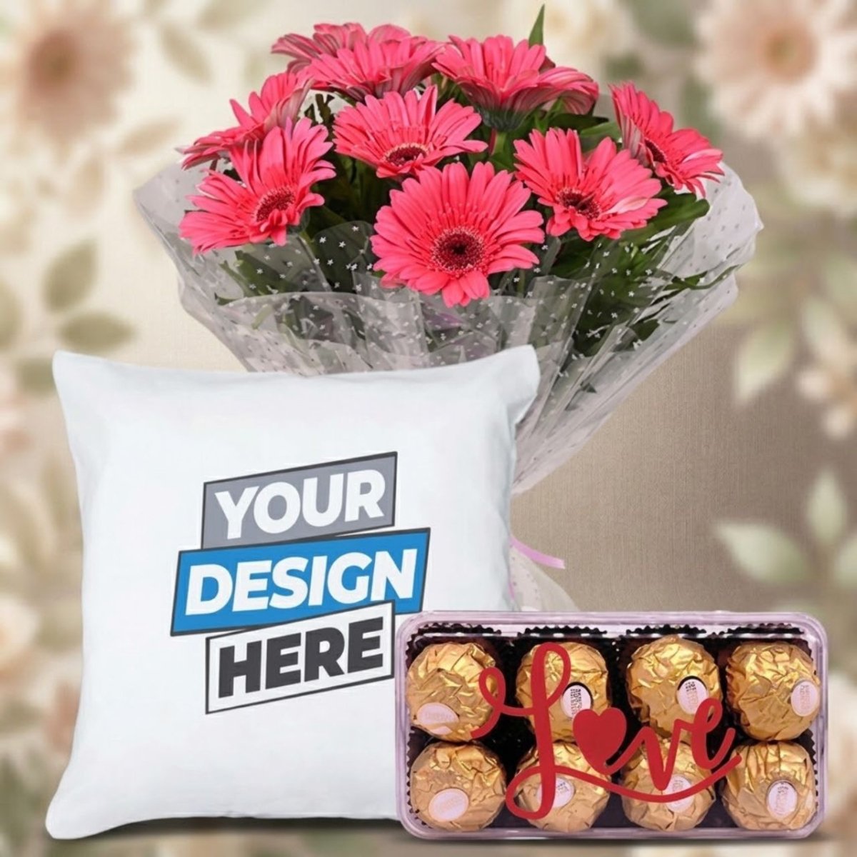 Pink Gerbera Cushion & Chocolate Gift Set - Flowers to Nepal - FTN