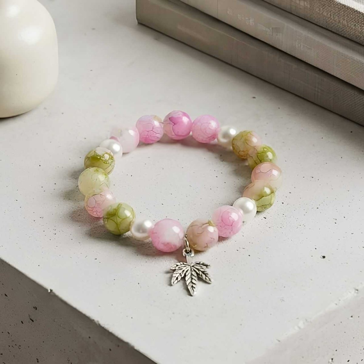 Pink & Green Beaded Leaf Bracelet - Flowers to Nepal - FTN