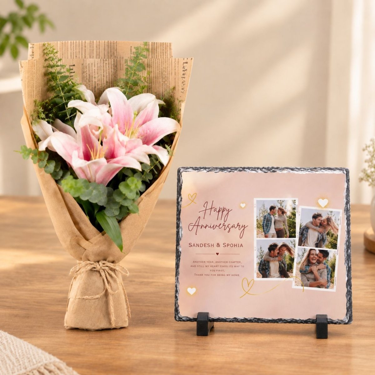 Pink Lilies & Personalized Anniversary Slate - Flowers to Nepal - FTN