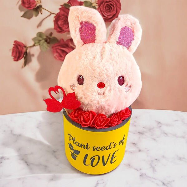 Pink Rabbit Toy with Artificial Roses in Pot - Flowers to Nepal - FTN