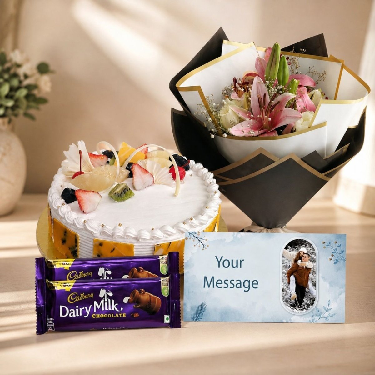Pink White Lilies with Pineapple Cake Surprise Set - Flowers to Nepal - FTN