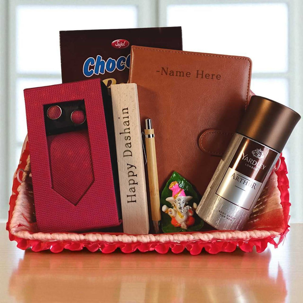 Premium Dashain Gift Basket with Notebook, Tie & Pen for Him - Flowers to Nepal - FTN