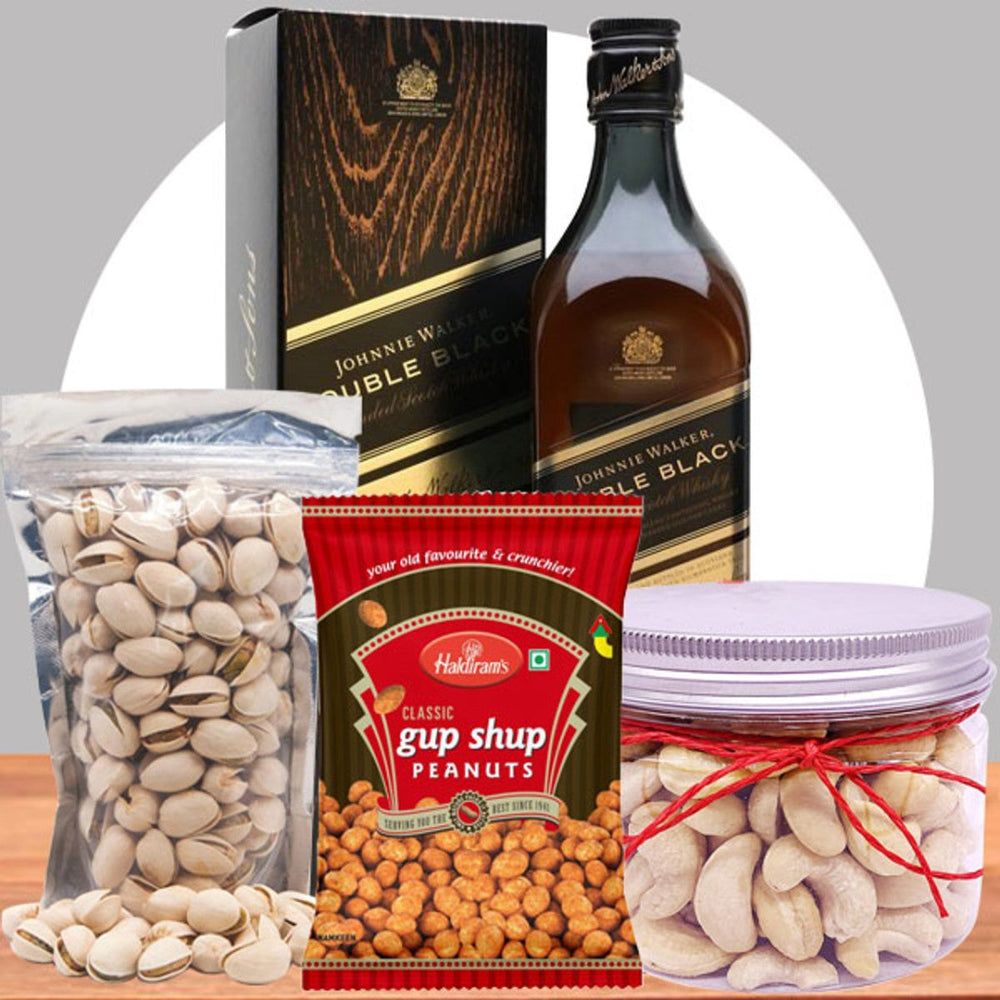 Premium Gift Set: Double Black Whisky, Nuts & Namkeen - Flowers to Nepal - FTN